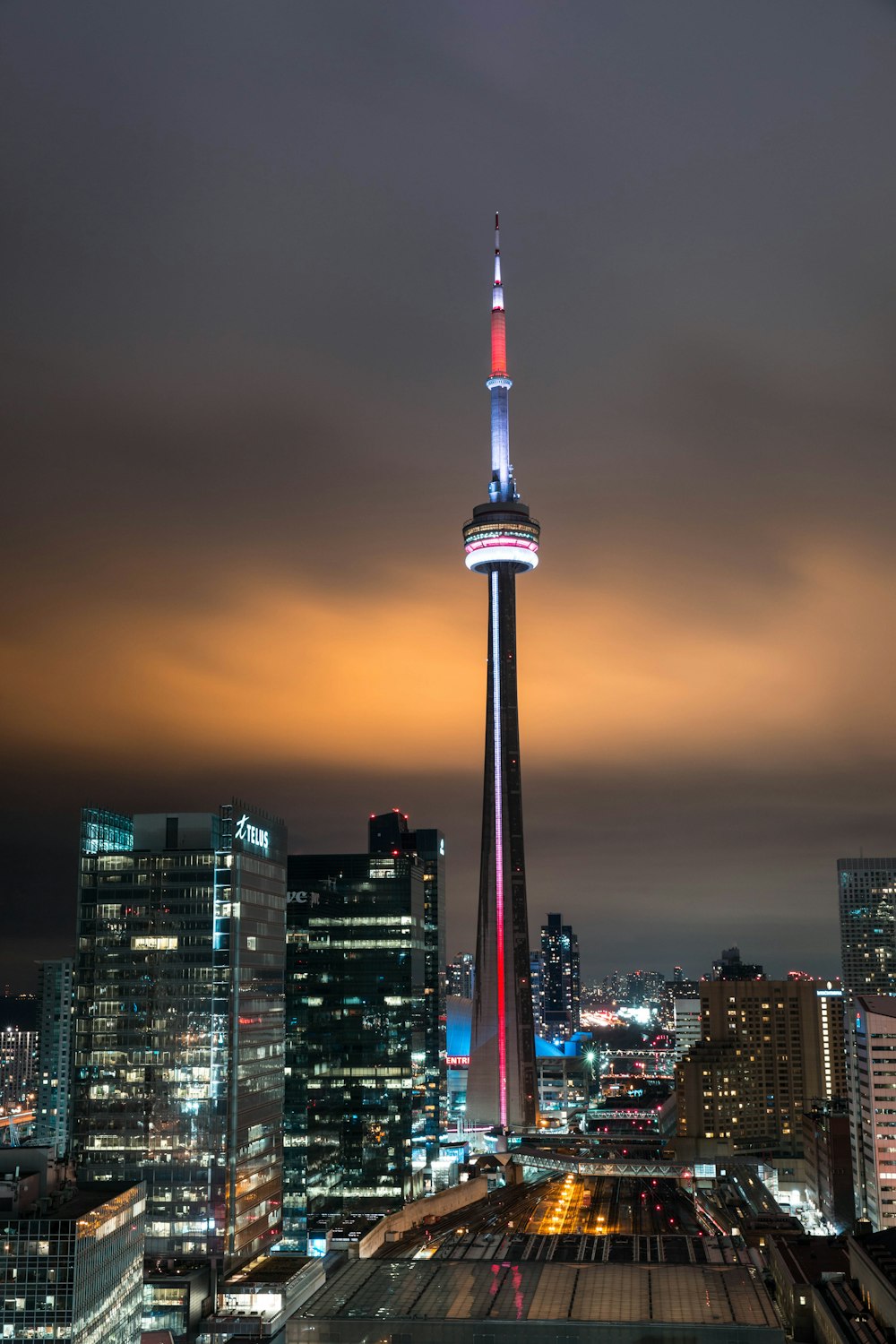 city skyline during night time