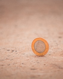 A single coin stands upright on a textured surface. The coin has a golden rim with a silver center, featuring engraved details and a subtle patina that suggests wear. The background is blurred, drawing attention to the coin.