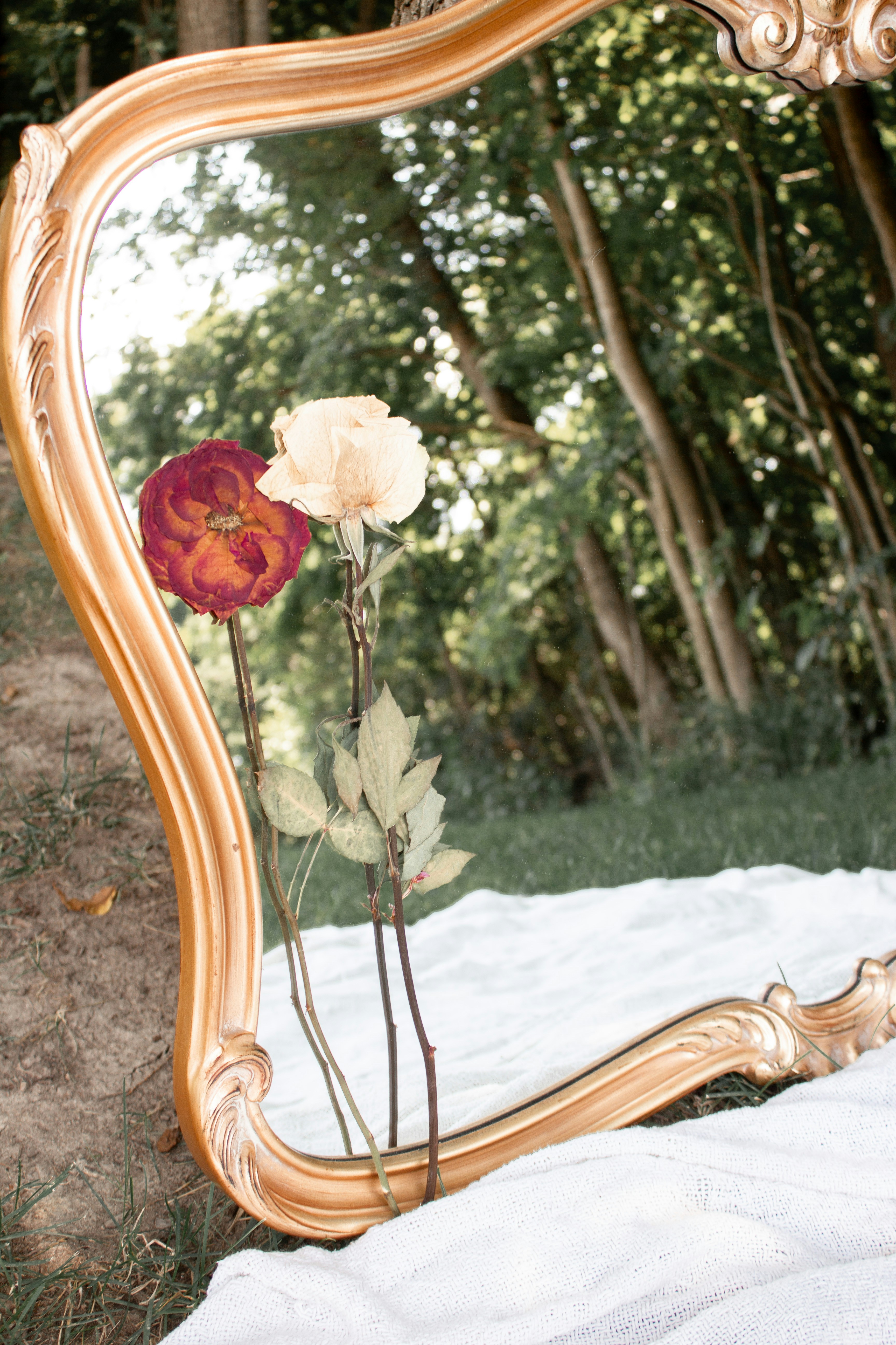 Columpio de madera marrón con flores blancas