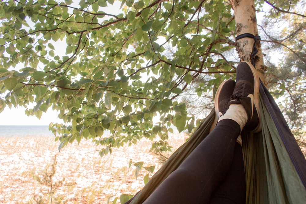 person in black pants and brown shoes standing under green tree during daytime