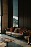 brown and white couch beside window