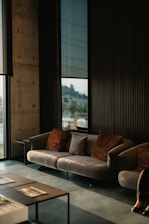 brown and white couch beside window
