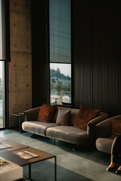 brown and white couch beside window