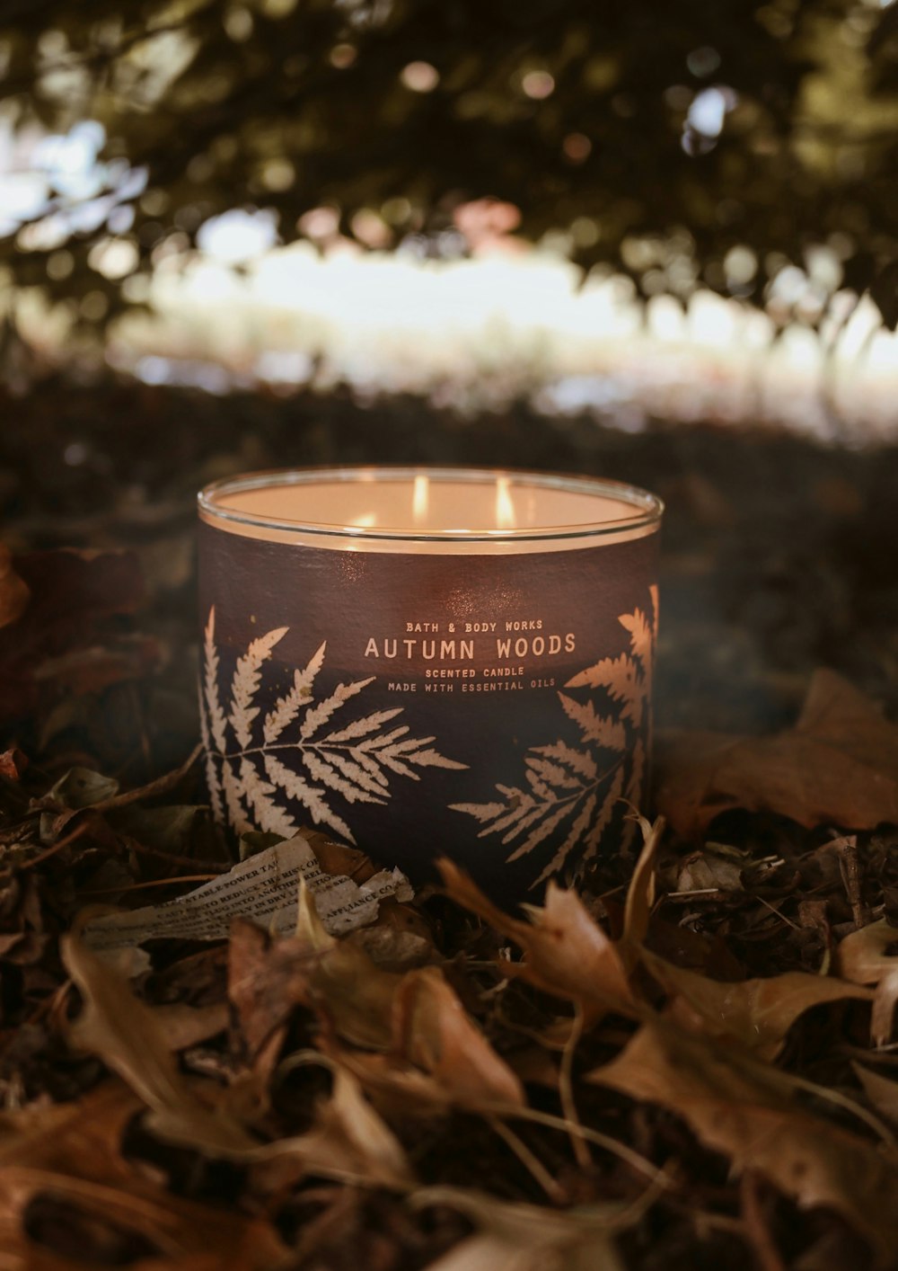 black and white candle holder on dried leaves