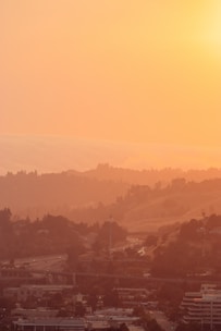 Elegant plot of land with lush greenery and a panoramic view of the city skyline at sunset.