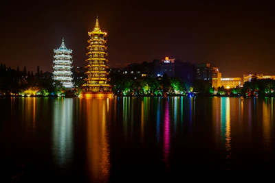 city skyline during night time