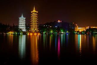 city skyline during night time
