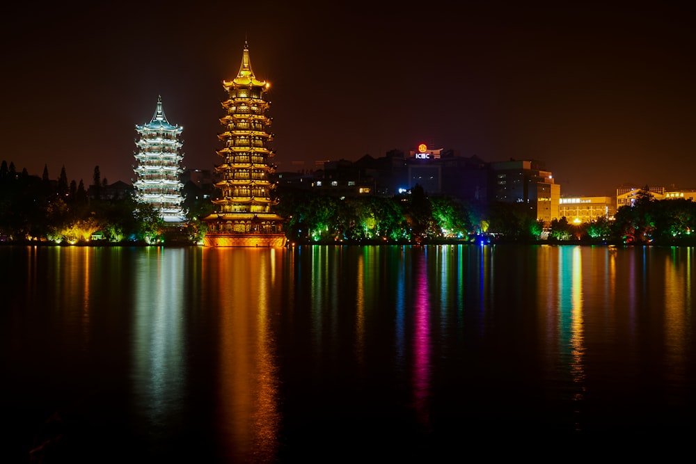 city skyline during night time