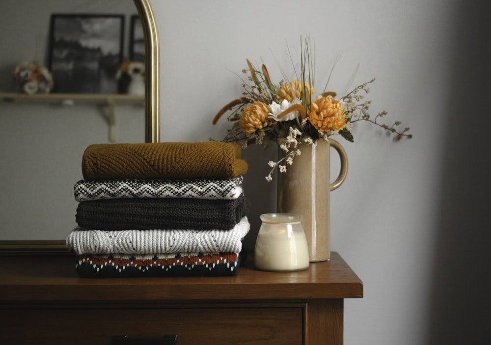 brown and white towel on brown wooden table