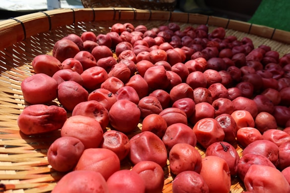 A large number of red, wrinkled plums spread out evenly on a woven bamboo mat, likely being dried in the sun. The lighting accentuates their textures and natural color variations.