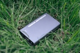 A sleek black device labeled 'NEBRA ANYBEAM' is lying on a bed of lush green grass. The device has a rectangular shape and appears to be compact and portable.