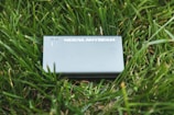 A device labeled 'NEBRA ANYBEAM' is placed on a bed of green grass. The device is rectangular and appears metallic or plastic, with two small round indicators on the top.