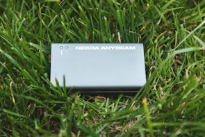 A device labeled 'NEBRA ANYBEAM' is placed on a bed of green grass. The device is rectangular and appears metallic or plastic, with two small round indicators on the top.