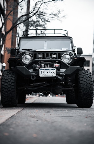 A rugged off-road vehicle with large tires is parked on a street under a clear sky. The vehicle has a distinctive grille and is equipped with additional accessories like a winch and roof rack. The setting includes bare trees and a building in the background.
