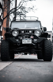 A rugged off-road vehicle with large tires is parked on a street under a clear sky. The vehicle has a distinctive grille and is equipped with additional accessories like a winch and roof rack. The setting includes bare trees and a building in the background.