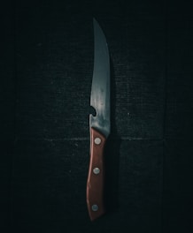 A sharp kitchen knife with a wooden handle lies against a dark, textured background. The blade reflects a subtle sheen, casting faint shadows and highlighting its polished surface. Three small metal rivets secure the handle, contributing to its sturdy appearance.