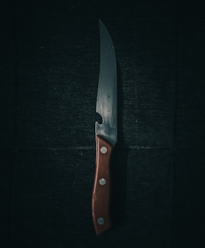 A sharp kitchen knife with a wooden handle lies against a dark, textured background. The blade reflects a subtle sheen, casting faint shadows and highlighting its polished surface. Three small metal rivets secure the handle, contributing to its sturdy appearance.