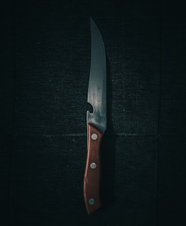 A sharp kitchen knife with a wooden handle lies against a dark, textured background. The blade reflects a subtle sheen, casting faint shadows and highlighting its polished surface. Three small metal rivets secure the handle, contributing to its sturdy appearance.