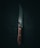 A sharp kitchen knife with a wooden handle lies against a dark, textured background. The blade reflects a subtle sheen, casting faint shadows and highlighting its polished surface. Three small metal rivets secure the handle, contributing to its sturdy appearance.