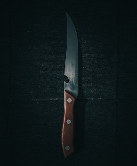 A sharp kitchen knife with a wooden handle lies against a dark, textured background. The blade reflects a subtle sheen, casting faint shadows and highlighting its polished surface. Three small metal rivets secure the handle, contributing to its sturdy appearance.