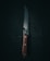 A sharp kitchen knife with a wooden handle lies against a dark, textured background. The blade reflects a subtle sheen, casting faint shadows and highlighting its polished surface. Three small metal rivets secure the handle, contributing to its sturdy appearance.