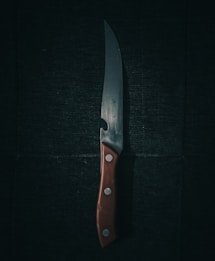 A sharp kitchen knife with a wooden handle lies against a dark, textured background. The blade reflects a subtle sheen, casting faint shadows and highlighting its polished surface. Three small metal rivets secure the handle, contributing to its sturdy appearance.