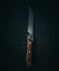 A sharp kitchen knife with a wooden handle lies against a dark, textured background. The blade reflects a subtle sheen, casting faint shadows and highlighting its polished surface. Three small metal rivets secure the handle, contributing to its sturdy appearance.