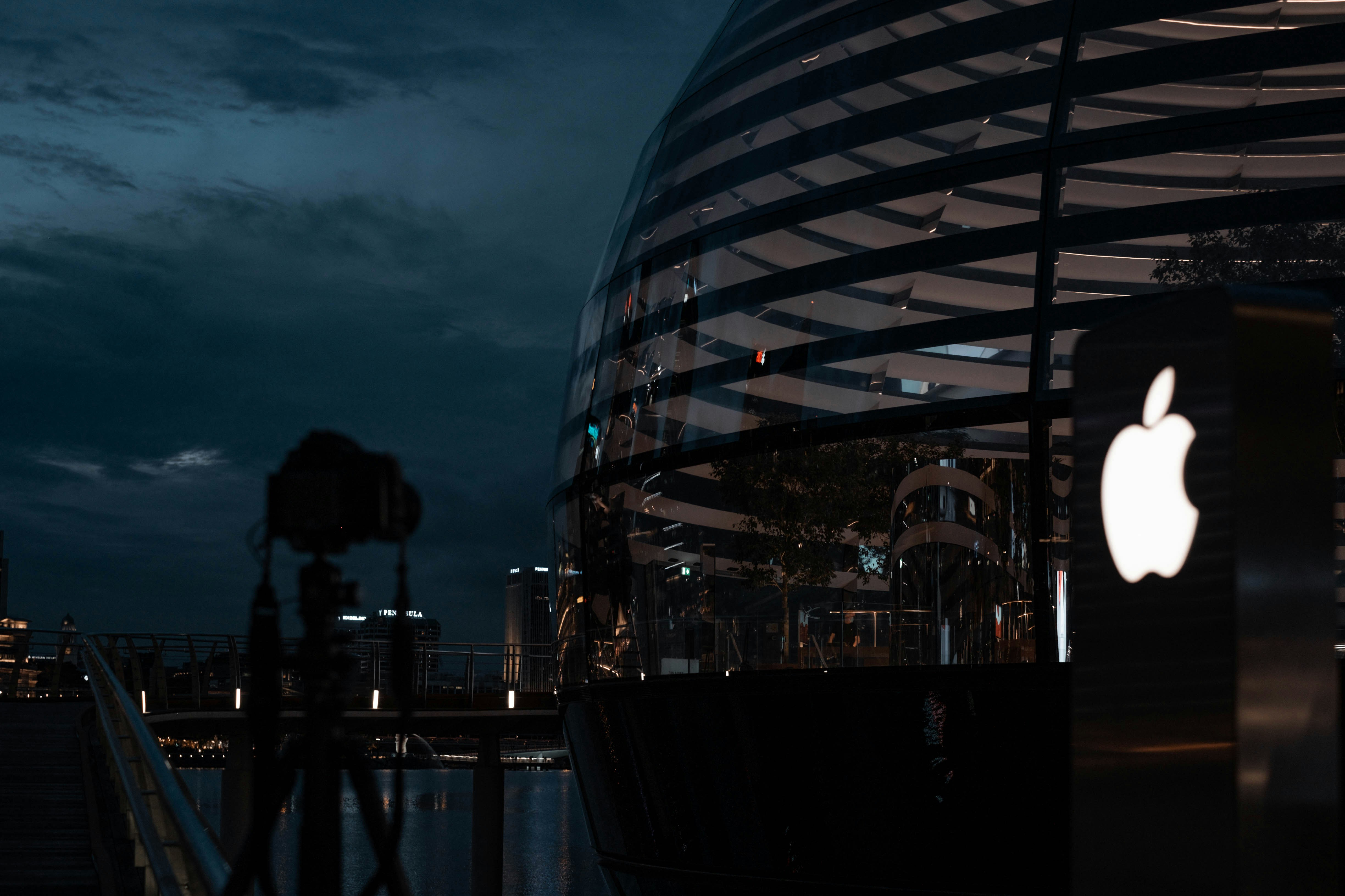 people standing near glass building during night time