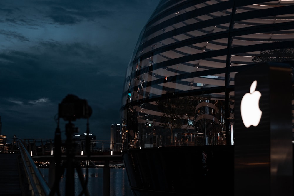 people standing near glass building during night time