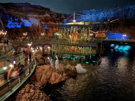 people riding on green boat on river during night time in Tokyo Disneysea Station Japan