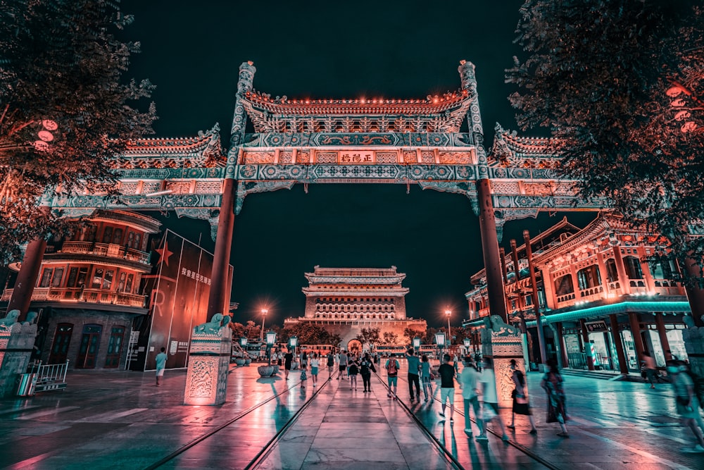 people walking on street during night time