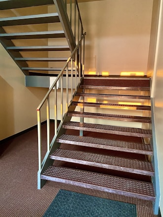 A metal staircase inside a building, with natural light streaming in, creating patterns on the steps and walls. The stairs have a textured surface and a sturdy railing. The floor is carpeted with a brown pattern, and a small green mat is placed at the base of the stairs.