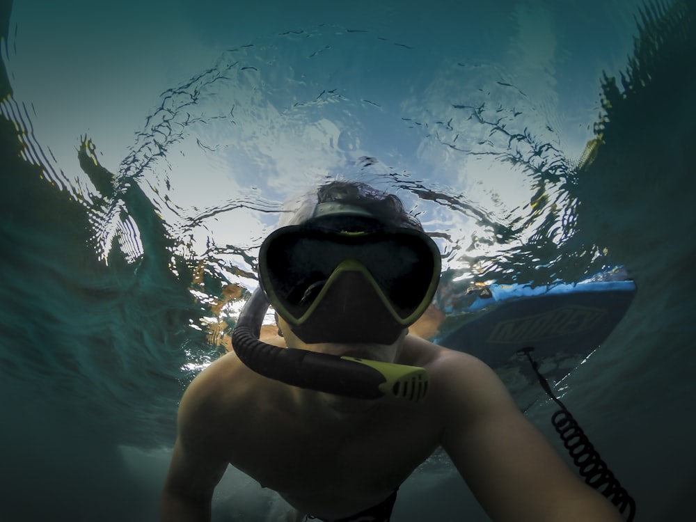 person wearing black swimming goggles under water