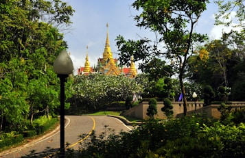 A winding road leads through lush green foliage towards a majestic temple with golden spires in the background. The temple is partially obscured by trees and flowering bushes. Ornamental lampposts line the road, adding to the tranquil and serene atmosphere.
