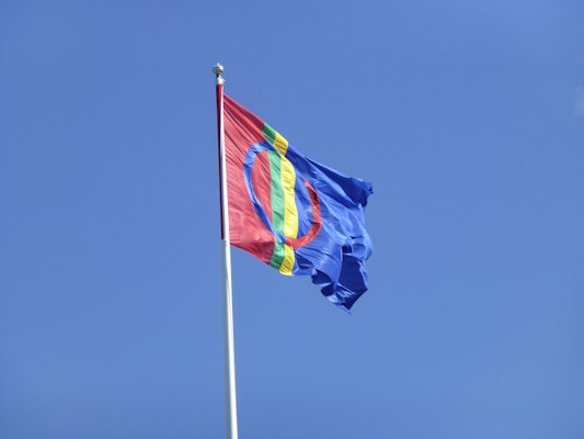 The Sámi flag flying over Jokkmokk — Jokkmokk, Sweden