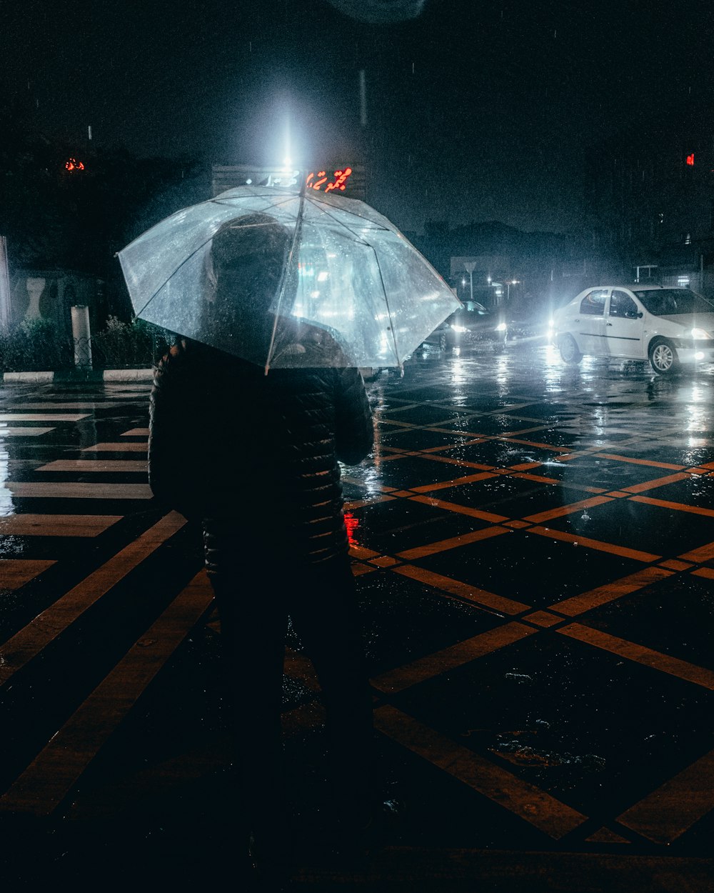 person in black jacket and blue denim jeans holding umbrella walking on pedestrian lane during rain