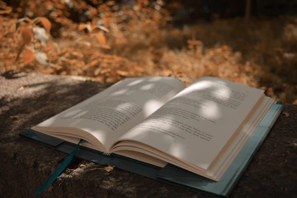 An open book resting on moss-covered stones, its pages glowing softly with ethereal light.