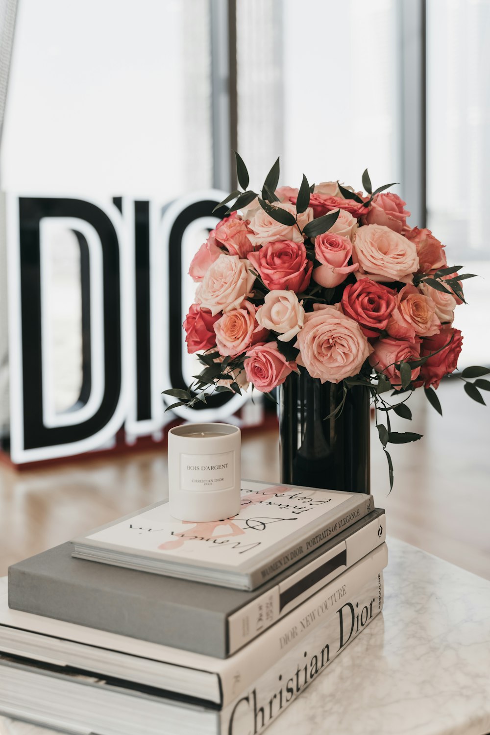 pink roses on white book