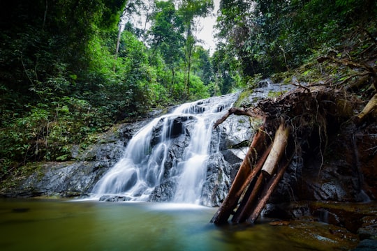 water falls in the middle of green trees in Khao Lak Thailand