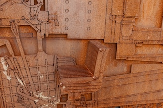 A close-up view of a large rusted metal structure with intricate, layered details. The structure incorporates industrial elements such as rivets, machine parts, and a chair. The surface is heavily corroded, giving it a rough, textured appearance. Lines and geometric shapes are prevalent throughout the design, giving a sense of mechanical complexity.