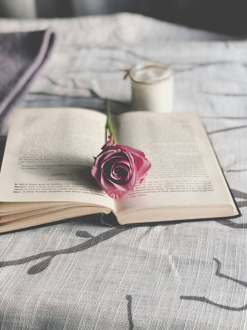 白い本のページにピンクのバラ