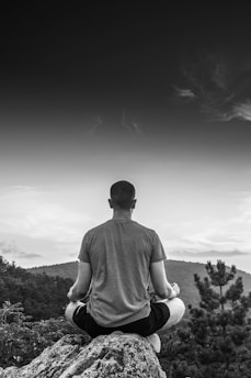 A person is sitting in a meditative pose on a large rock, overlooking a landscape of rolling hills and trees. The atmosphere appears calm and serene, with a partly cloudy sky in the background.