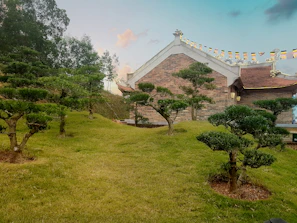 A serene office garden with native plants and employees enjoying a mindful break.