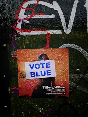 A damp poster is placed on a dark, graffiti-covered surface. The poster features text with the prominent phrase 'VOTE BLUE' printed on it. Beneath this, the name 'Tiffeny Wilson' is visible, identified as a singer-songwriter, along with social media and email contact information. Water droplets cover the entire surface, adding a wet appearance.