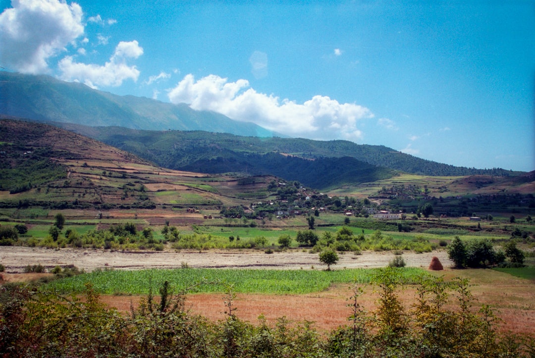 green grass field near mountain under blue sky during daytime