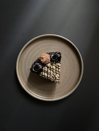 A slice of rich, dark chocolate cake sits on a round, earthy brown plate. The cake is adorned with a grid pattern of lighter frosting, decorative dark chocolate swirls, and a small chocolate sphere topped with hazelnuts. The background is a deep, solid black, creating a stark contrast with the lighter plate and highlighting the dessert.