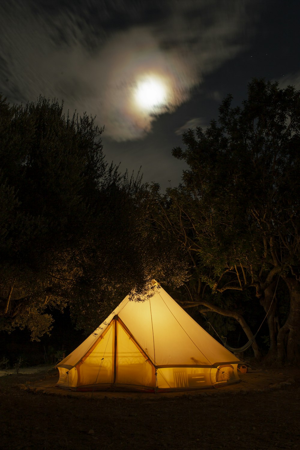 Carpa amarilla rodeada de árboles durante la noche