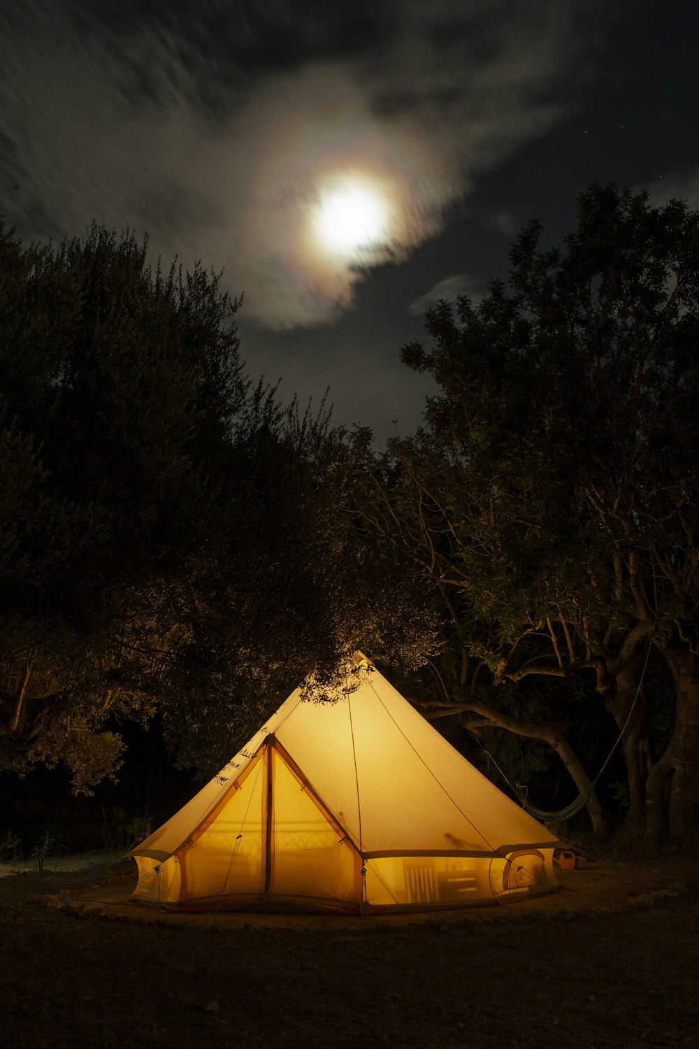 yellow tent surrounded by trees during night time