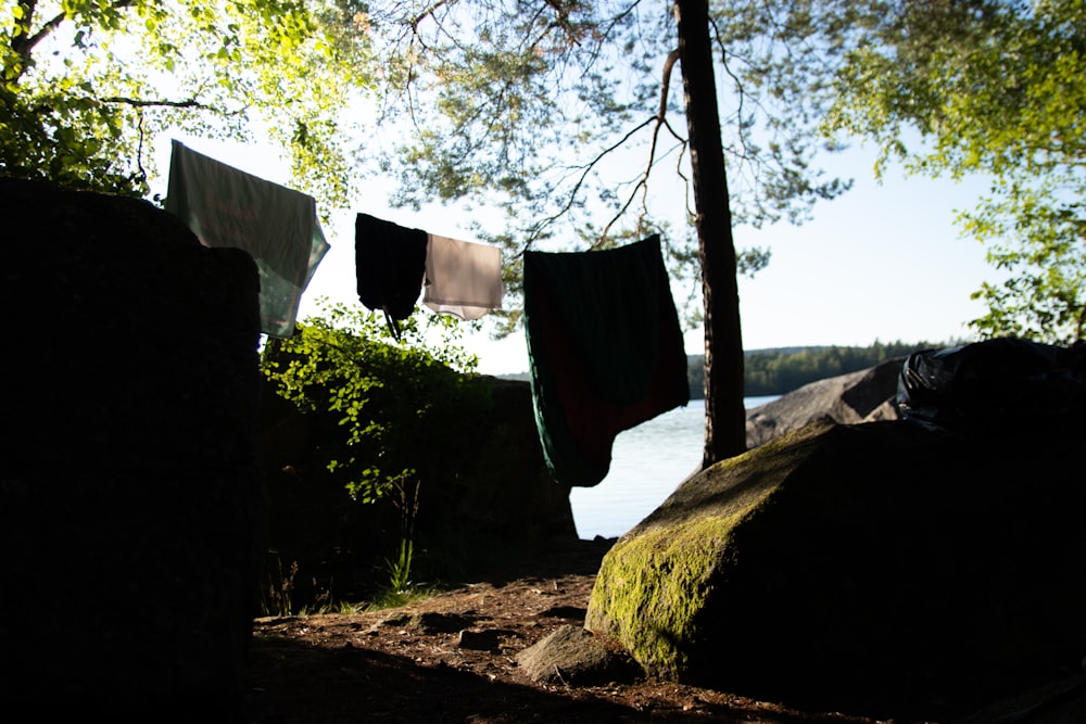 black pants hanging on white wooden fence