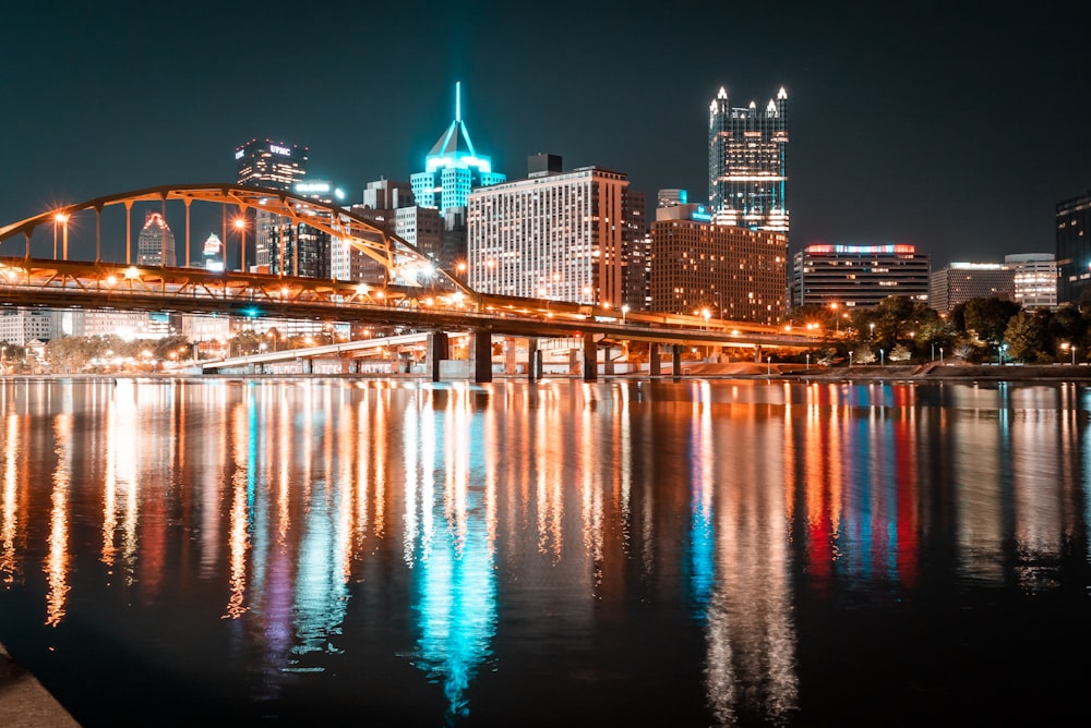 city skyline during night time